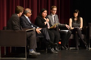 UBC student Adina Williams (middle) of the Squamish Nation at a Smart and Caring Communities panel discussion in West Vancouver. Photo credit: Sonya Adloff, West Vancouver Schools